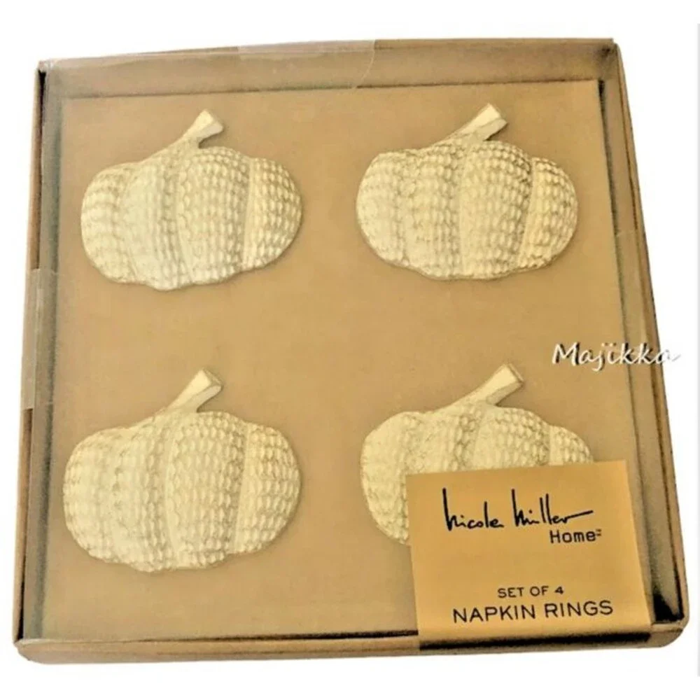 Nicole Miller White Pumpkins Napkin Rings Thanksgiving Autumn Halloween Set Of 4